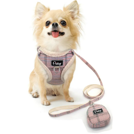 Gezellig Hondentuigje in Geruit Patroon met Riem - met Praktisch Hondentasje voor Wandelingen